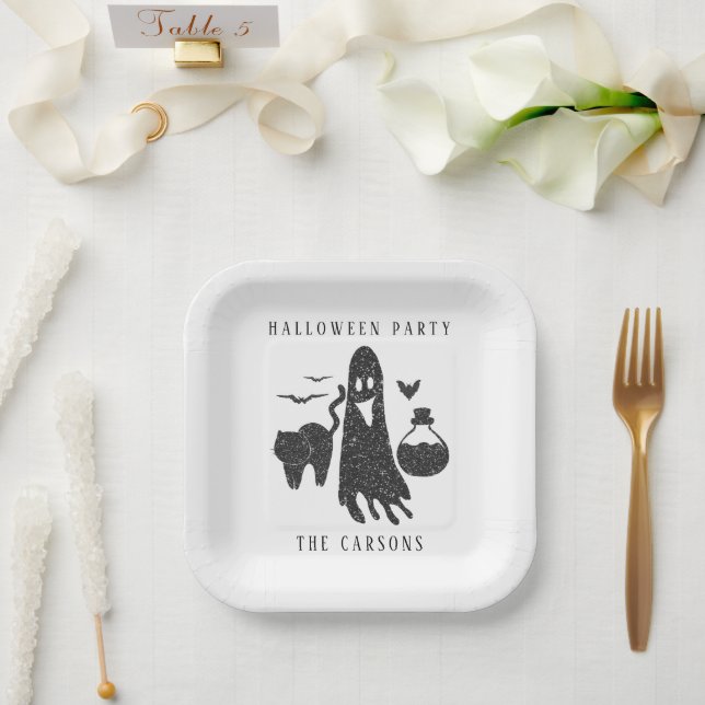 Assiettes En Carton Cute Black Blanc Halloween Fantôme chauves-souris  (Mariage)