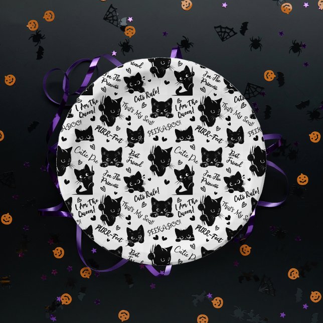 Assiettes En Carton Cute Black Cats et Motif des paroles (Cute Black Cats and Sayings with Hearts Pattern  for Cat Lovers and Halloween Paper Plates)