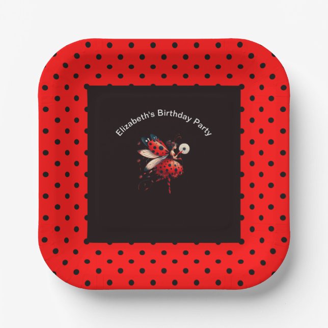 Assiettes En Carton Cute Black & Red Ladybug Fairy Birthday Party  (Recto)