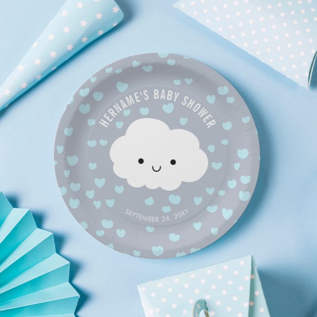 Assiettes En Carton Cute Blanc Cloud Garçon Bleu Coeurs Baby shower gr (Créateur téléchargé)