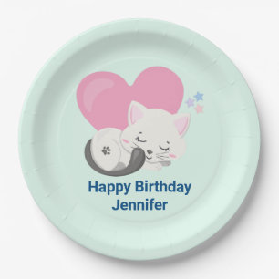 Assiettes En Carton Cute Blanc Kitty Chat Dormir Anniversaire