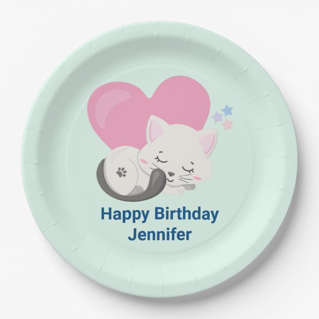 Assiettes En Carton Cute Blanc Kitty Chat Dormir Anniversaire (Devant)