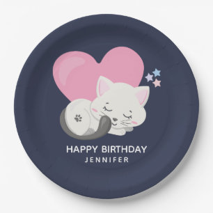 Assiettes En Carton Cute Blanc Kitty Chat Dormir Anniversaire