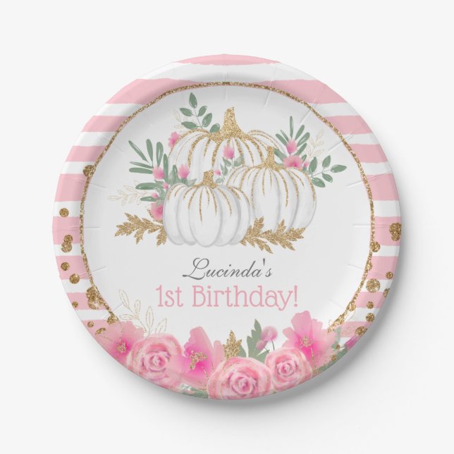 Assiettes En Carton Cute blanche Citrouille Floral 1er anniversaire (Devant)