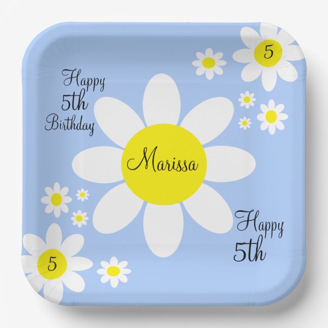 Assiettes En Carton Cute bleu clair et blanc Floral 5e anniversaire (Recto)