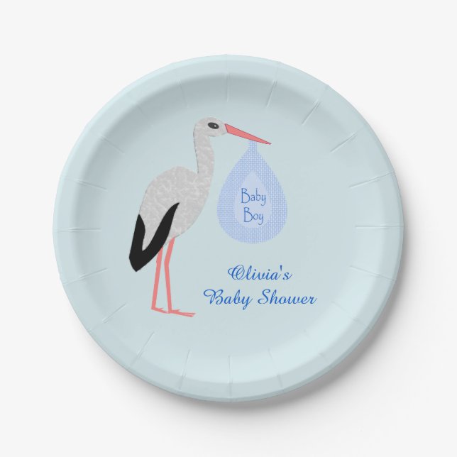 Assiettes En Carton Cute Blue Baby Boy Baby shower Stork Personnalisé (Devant)