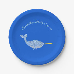 Assiettes En Carton Cute Blue Baby Boy Narwhal Baby shower personnalis