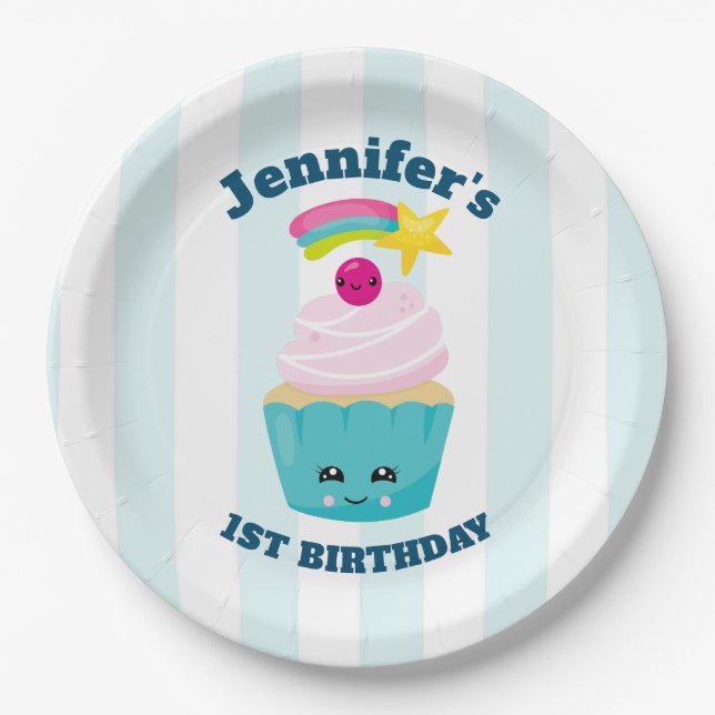 Assiettes En Carton Cute Blue Cupcake avec Kawaii Face Anniversaire (Devant)
