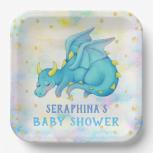 Assiettes En Carton Cute Blue Dragon Boys Baby shower Plaque en papier