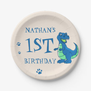 Assiettes En Carton Cute Blue Green Paw Dinosaur Thème Anniversaire