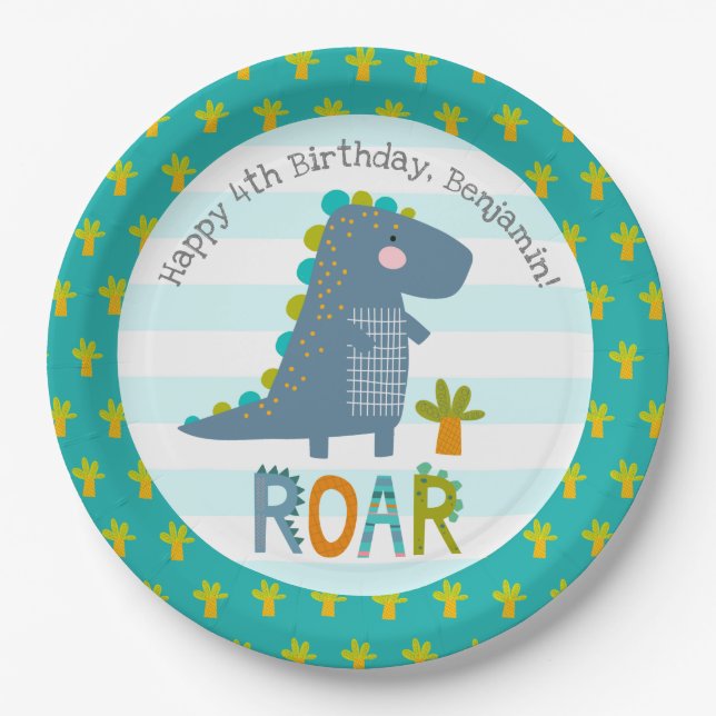 Assiettes En Carton Cute Blue Kawaii Dinosaur Roar Boy Anniversaire No (Devant)