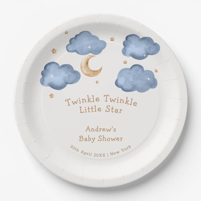 Assiettes En Carton Cute Blue Moon Stars Twinkle Twinkle Baby shower (Devant)