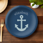 Assiettes En Carton Cute Blue Polka Point Ancre avec Marine Nom person<br><div class="desc">Un design tendance et élégant avec des points et des couleurs préppantes plus un espace pour ajouter votre nom ou monogramme.</div>