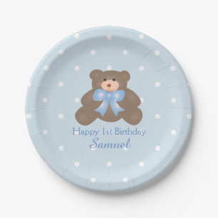 Assiettes En Carton Cute Blue Ribbon Teddy Bear Boy Anniversaire