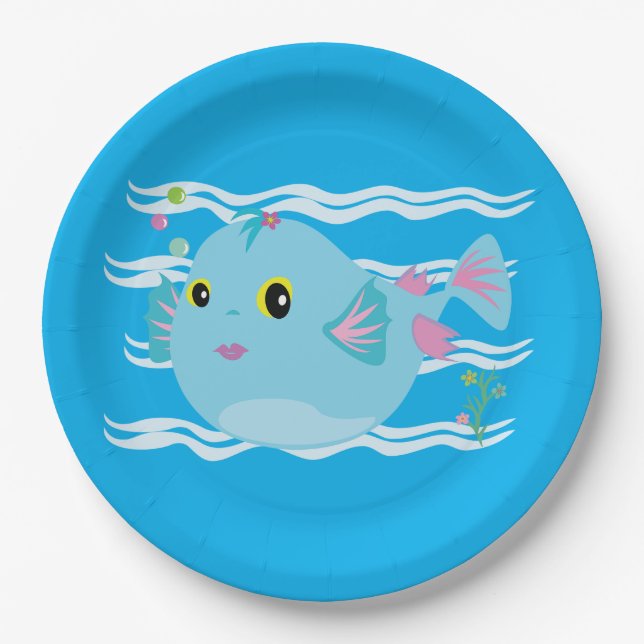 Assiettes En Carton Cute Blue Tropical Fish Pink Fins (Devant)