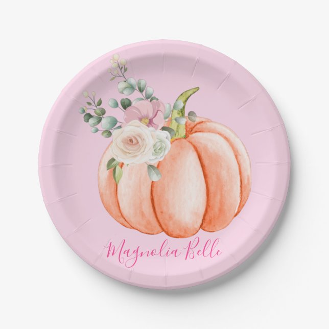 Assiettes En Carton Cute Blush Rose Spring Floral Petit Nom Citrouille (Devant)