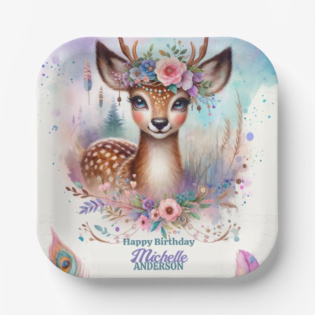 Assiettes En Carton Cute Boho Aquarelle Woodland Deer Anniversaire (Recto)