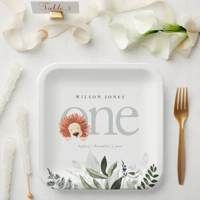 Assiettes En Carton Cute Boho Lion Foliage 1er fête d'anniversaire (Mariage)