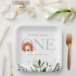 Assiettes En Carton Cute Boho Lion Foliage 1er fête d'anniversaire