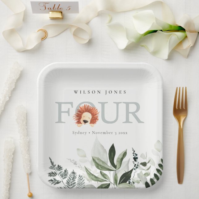 Assiettes En Carton Cute Boho Lion Foliage Quatrième fête d'anniversai (Mariage)