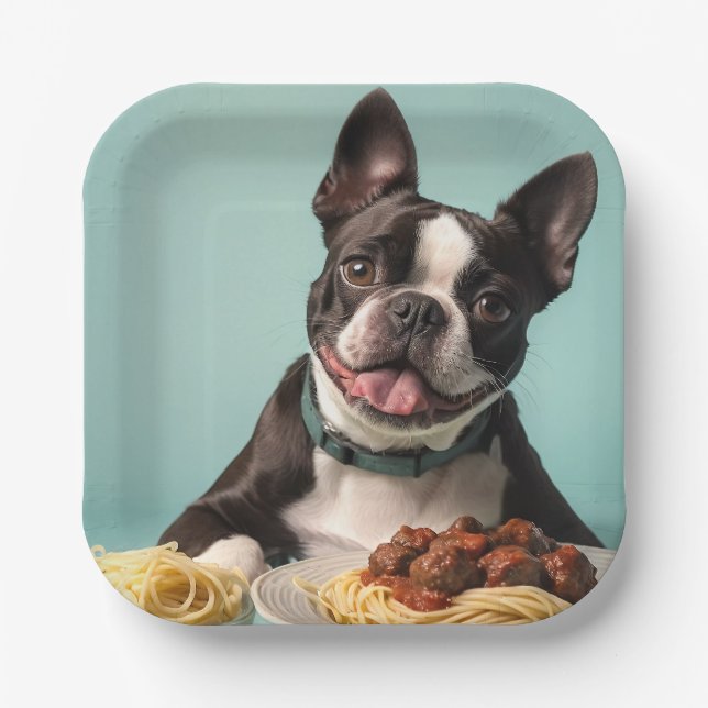 Assiettes En Carton Cute Boston Terrier Avec Spaghetti Bolognaise (Recto)