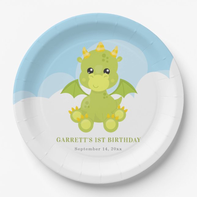 Assiettes En Carton Cute Boy Dragon 1er anniversaire (Devant)