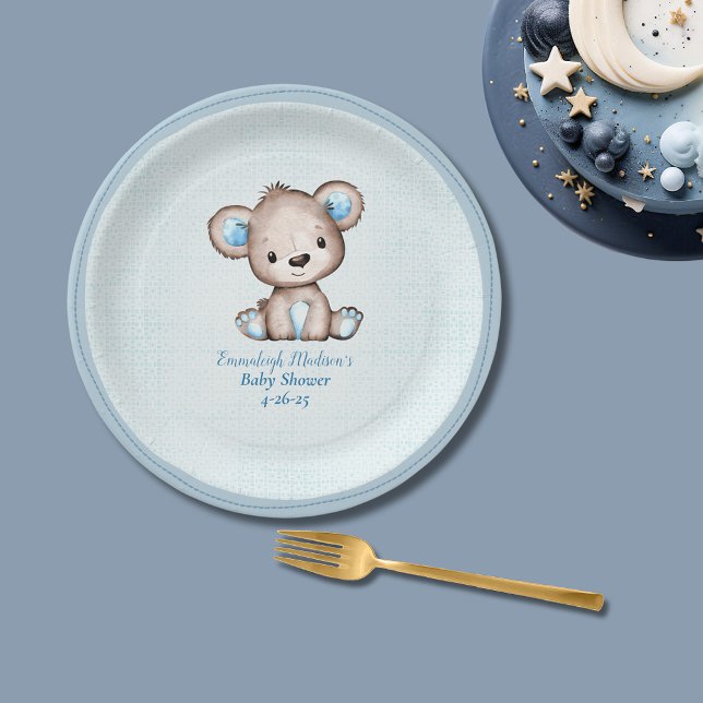 Assiettes En Carton Cute Brown Ours Garçon Plaid Bleu (Créateur téléchargé)
