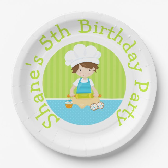 Assiettes En Carton Cute Brunette Cheveux Garçon Baking Anniversaire F (Devant)