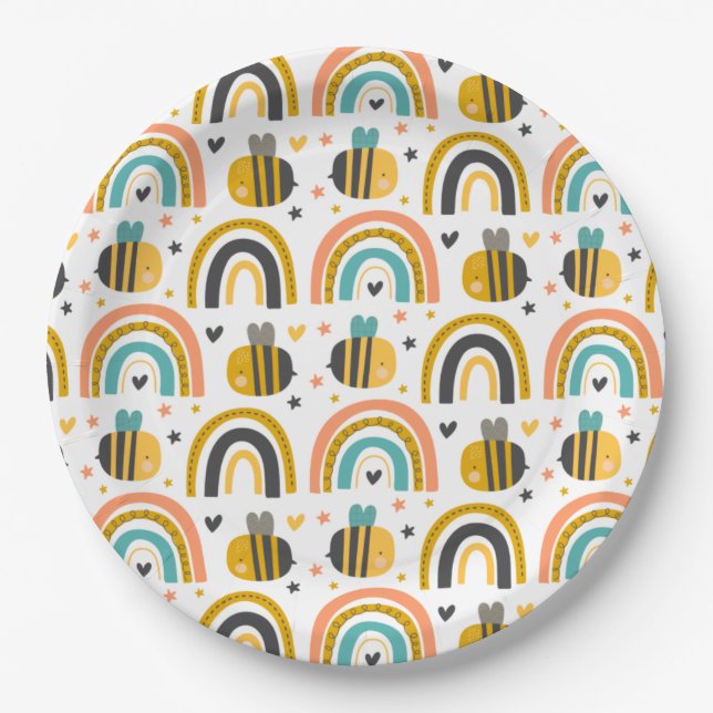 Assiettes En Carton Cute Bumble Bee et Rainbows Motif (Devant)