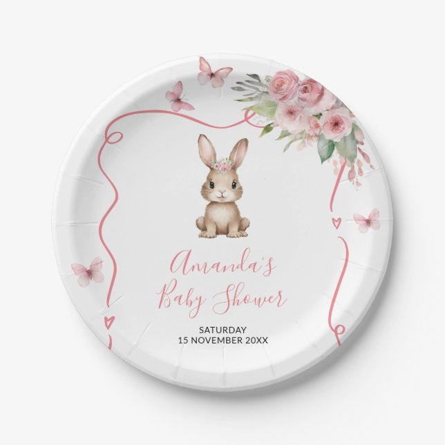 Assiettes En Carton Cute Bunny Baby Shower Girl Pink Floral (Devant)