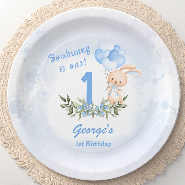 Assiettes En Carton Cute Bunny Bleu 1er Anniversaire Bois Printemps (Cute Bunny Blue 1st Birthday Boy Spring Paper Plates)