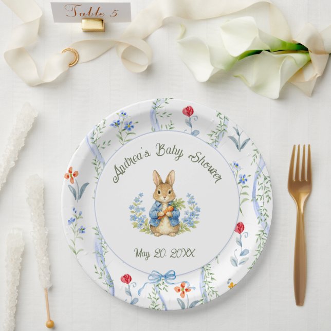 Assiettes En Carton Cute Bunny Boy Floral Blue Bow Baby Shower  (Mariage)