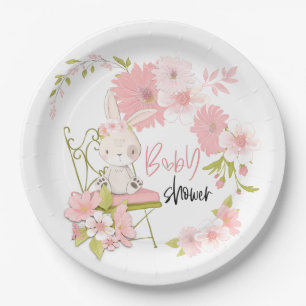 Assiettes En Carton Cute Bunny rose blanc Baby shower de cadre Floral