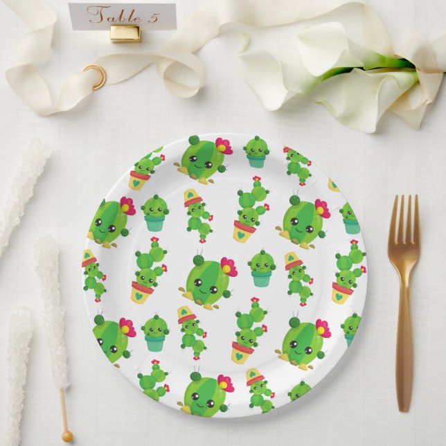 Assiettes En Carton Cute Cactus, Green Cactus, Motif Cactus (Mariage)