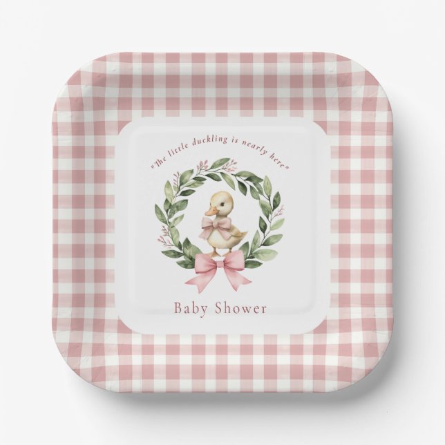 Assiettes En Carton Cute Canard Rose En vichy Plaques de Baby shower (Recto)
