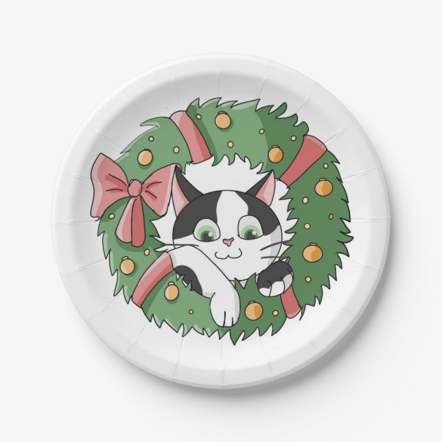 Assiettes En Carton Cute Cartoon Cat in Christmas Wreath (Devant)
