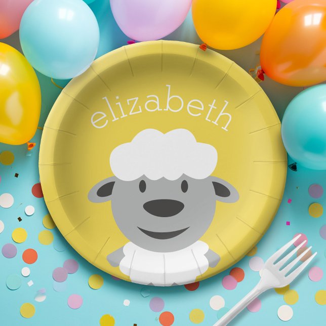 Assiettes En Carton Cute Cartoon Farm Sheep - jaune et gris (Custom Paper Plate for a Party)