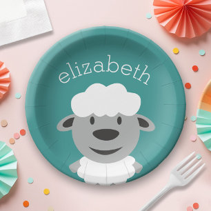 Assiettes En Carton Cute Cartoon Farm Sheep - Turquoise et gris