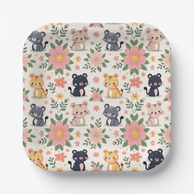 Assiettes En Carton Cute Cartoon Jungle Cats and Flowers (Recto)