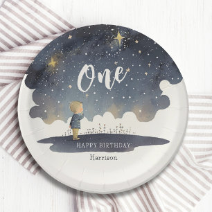 Assiettes En Carton Cute Celestial Anniversaire Étoiles Aquarelle Garç