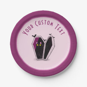Assiettes En Carton Cute chat noir dans un café rose Halloween Girl