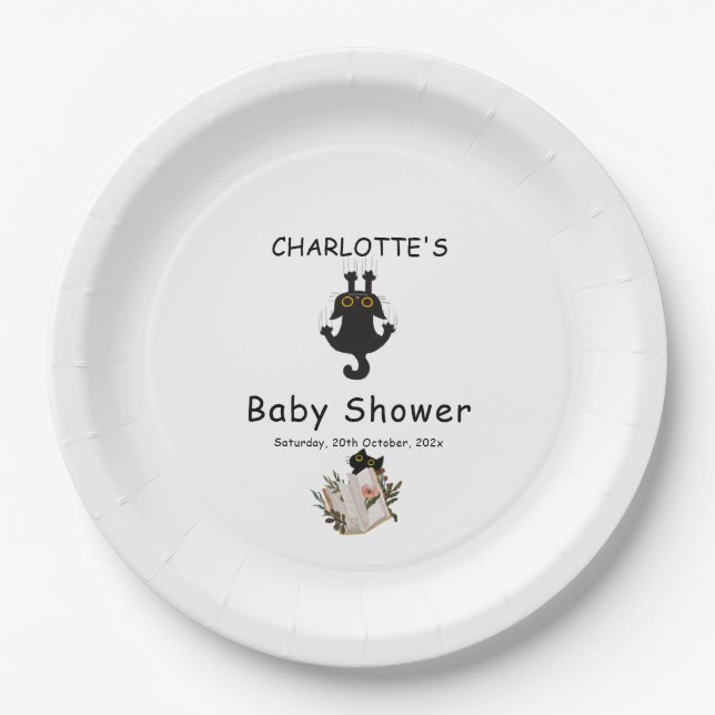 Assiettes En Carton Cute chat noir et Baby shower de livre (Devant)