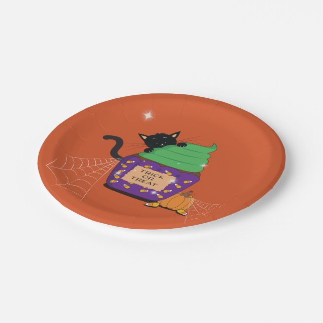 Assiettes En Carton Cute Chat Noir Halloween Plaque Papier Orange (Angle)