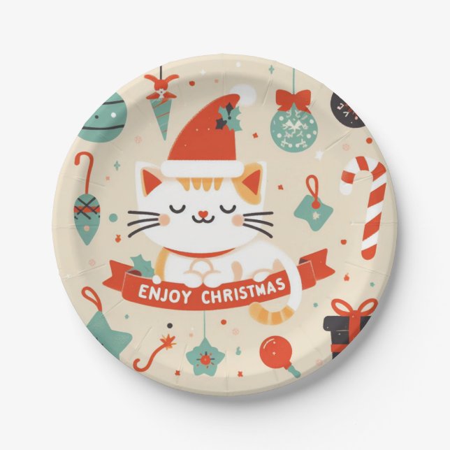 Assiettes En Carton Cute chat Profitez de la saison de Noël (Devant)