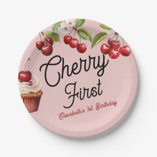 Assiettes En Carton Cute Cherry First 1st Girl Anniversaire rose