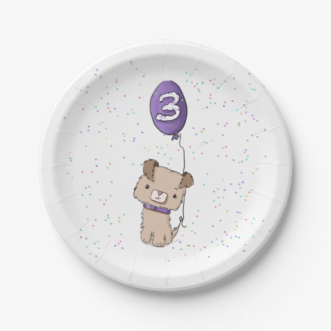 Assiettes En Carton Cute Chiot, 3e Plaques Papier Anniversaire, enfant (Devant)