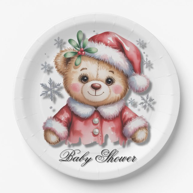 Assiettes En Carton Cute Christmas Bear and Snowflakes (Devant)