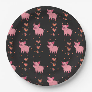 Assiettes En Carton Cute Cochon Piggy avec Coeur rose Motif Style noir