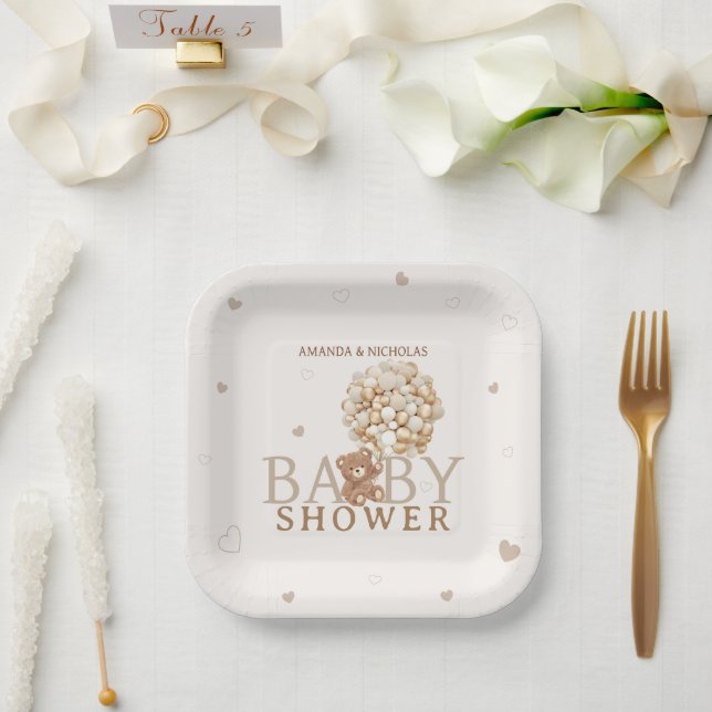 Assiettes En Carton Cute Coeurs Ours Beige Baby shower Brown clair (Mariage)