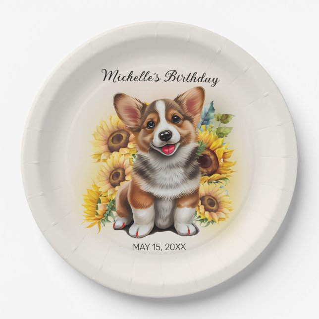 Assiettes En Carton Cute Corgi Chien Tournesols Anniversaire (Devant)